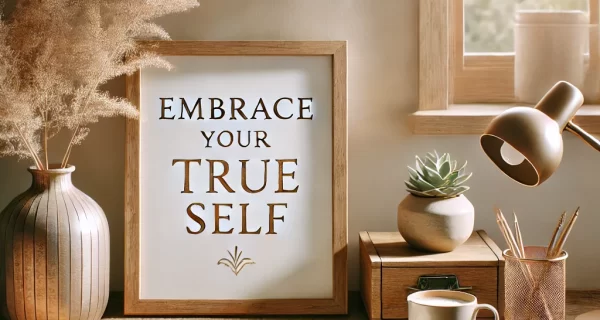DALL·E 2025-01-05 13.28.57 - A serene and inspiring image representing authenticity in coaching. The scene features a cozy, minimalist workspace with a wooden desk, an open notebo